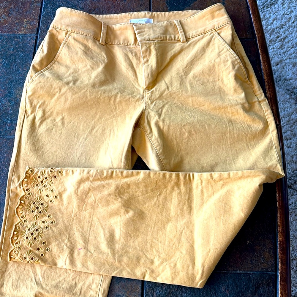 Loft mustard ankle pants with exquisite detail on the ankles.
